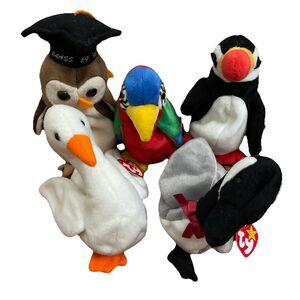 TY Lot Of 5 1990s Retired Bird Beanie Babies Gracie Wise Loosy Jabber Puffer